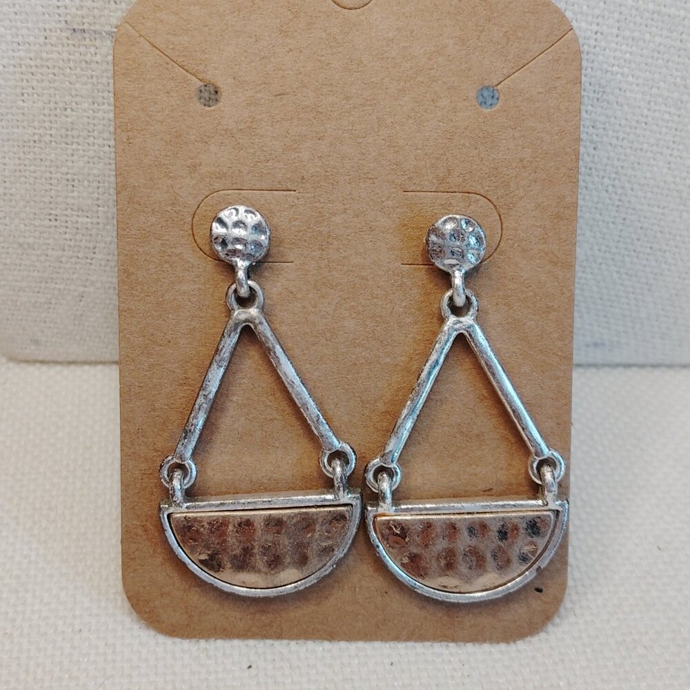Mixed Metal Geometric Drop Earrings Hammered Half Moon Modern Minimalist 1.5 Inc